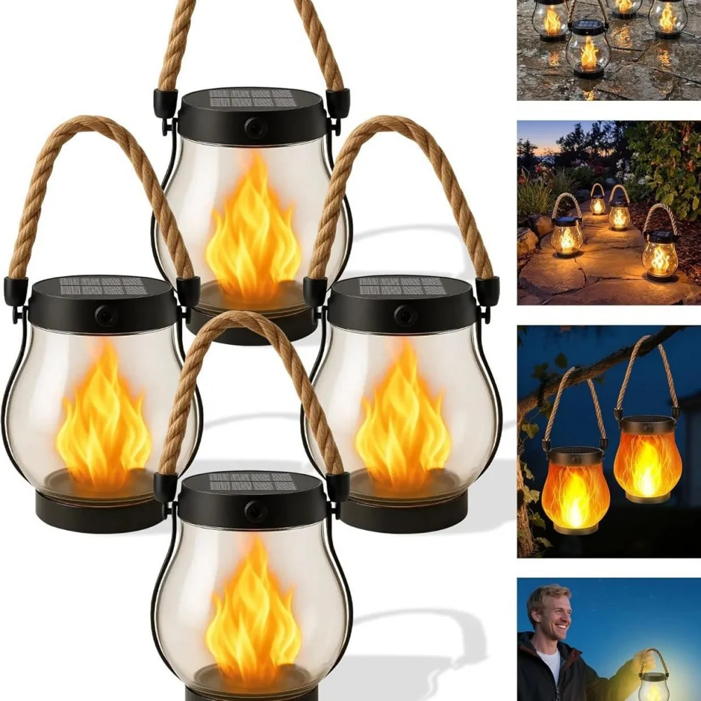 

Solar Flame Lights Hemp Rope Hanging Flame Lantern Waterproof Patio Lights Outdoor Courtyard Garden Decoration