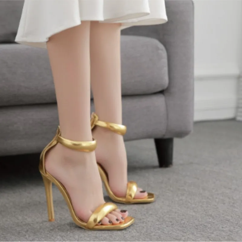 Summer Silver Gold Peep Toe High Heel  Sandals Sexy Buckle Strap Ankle-Wrap Ladies Club Women Stripper Shoes