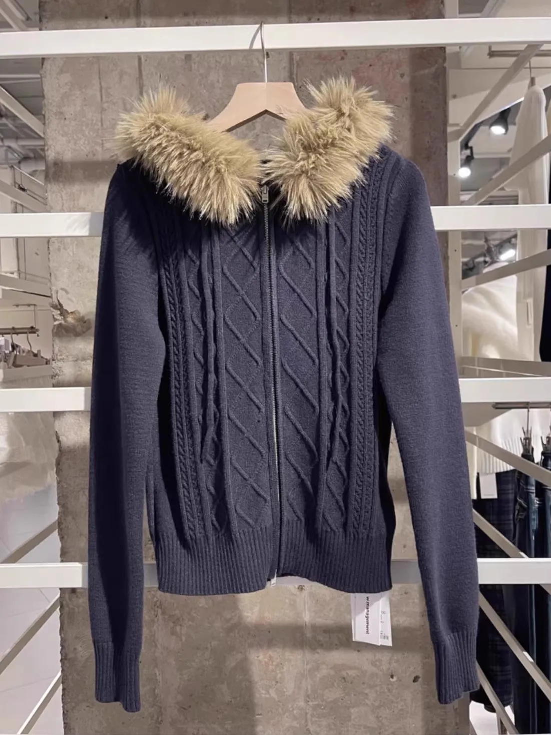 

WM American Retro Twist Knit Zipper Hooded Fur Collar Jaet Long Sve Women's Top Autumn Cotton Knitted Warm Outerwear