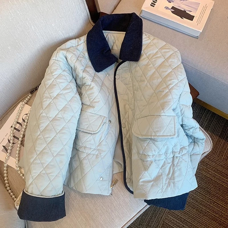 سترة قطنية ذات طية صدر السترة متباينة كلاسيكية للنساء للخريف والشتاء بسحاب ملابس مبطنة غير رسمية معاطف مخملية دافئة وخفيفة الوزن أنيقة #2