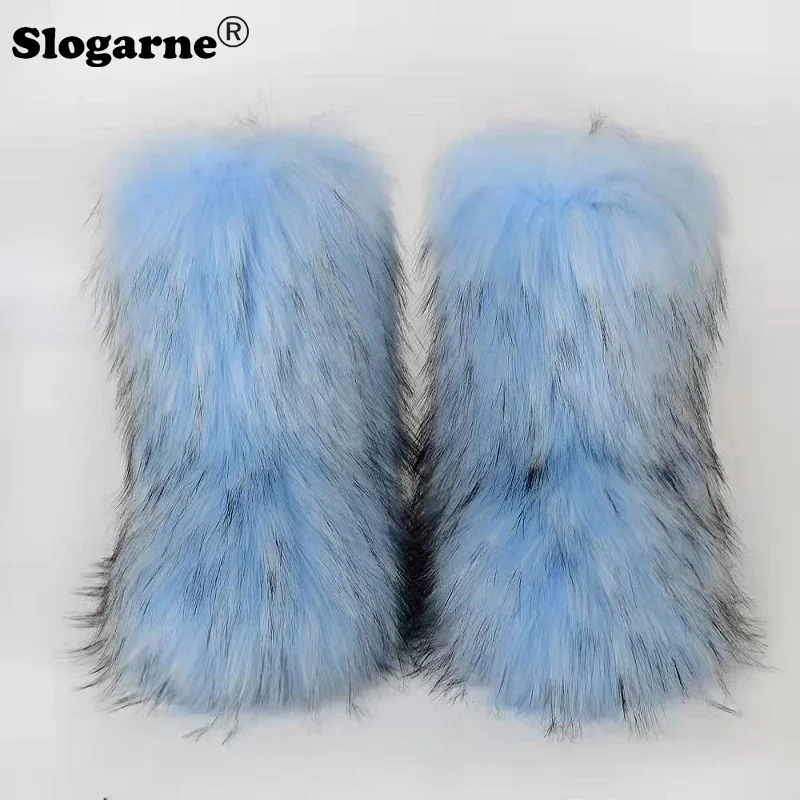 Women\'s Winter Fluffy Faux Fox Fur Boots Woman Plush Warm Snow Boots Luxury Footwear Girls\' Furry Fur Bottes Fashion Winter Shoe