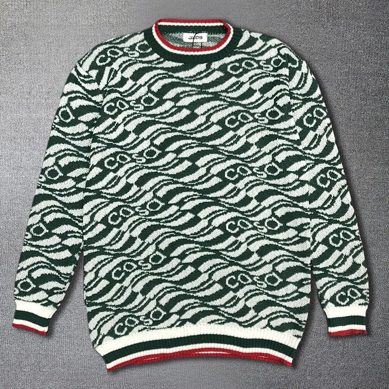 

Letter Stripe Contrast Color Retro Ethnic Style Fall Sweater For Men Knitted Round Neck Sweater Fashion Men Pullover Sweater