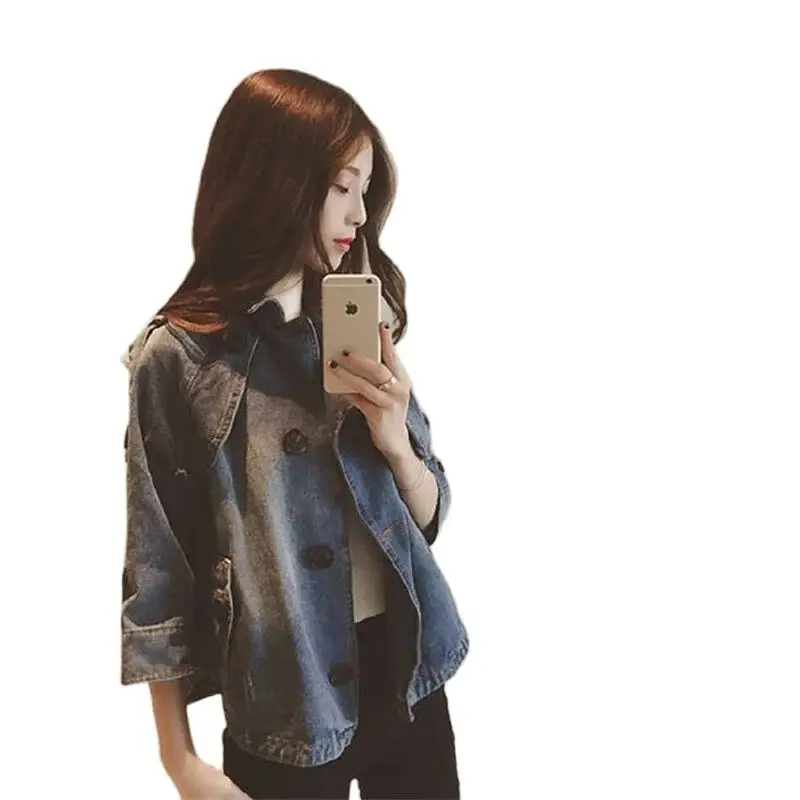 Denim Jacket for Women in Spring Autumn 2024 New Korean Version Loose and Short Cropped Sleeves Versatile Slimming Jacket Top S4