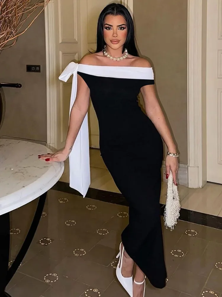 

LANGMAO Sleeveless Ribbon Off-shoulder Solid Sexy Autumn Winter Maxi Dress For Women High Waist Bow Bodycon Party Long Dress