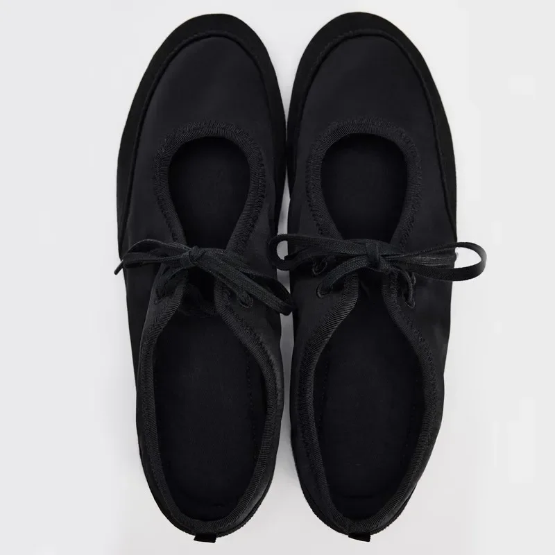 2025 Autumn Outside Women Ballet Flats Lace Up Black Satin Shallow Casual Loafers Comfortable Soft Sole Designer Ladies Shoes