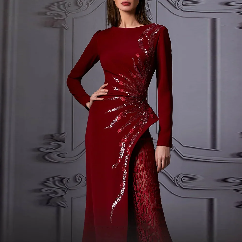 Burgundy O-Neck Long Sleeves Evening Dresses Fashion Beads Sequined Mermaid Gowns Elegant Floor Length Lace Party Prom Dresses