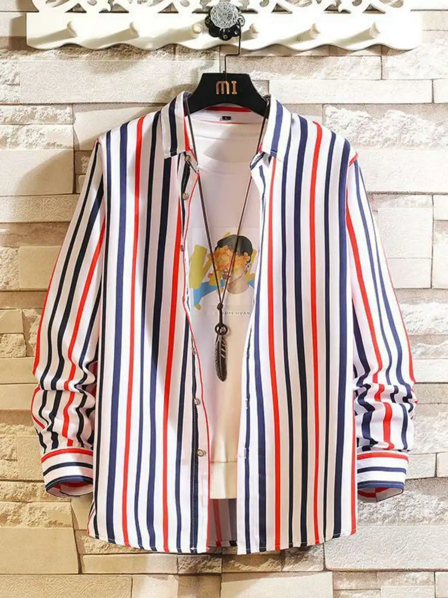 

New Men's Long Sve irt Spring Autumn Large Size Korean Version Vertical Stripes 2023 Autumn Trendy Faion Casual irt
