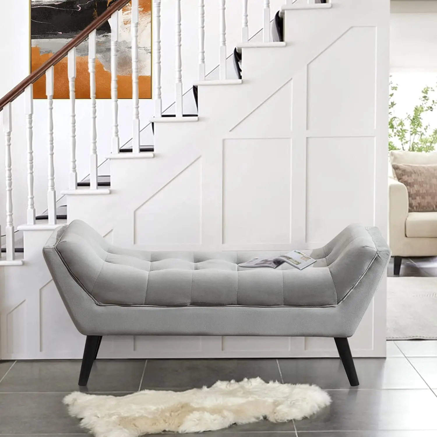 45in Upholstered Velvet Ottoman Bench with Wood Legs, Gray, Customized