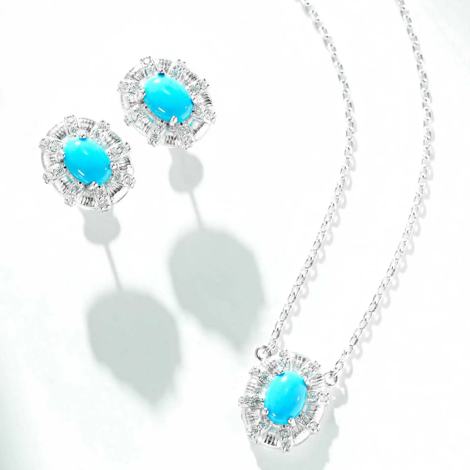 925 Sterling Silver Turquoise Set Necklace Women's Simple Full Diamond Earrings Pigeon Egg Turquoise Versatile Chain