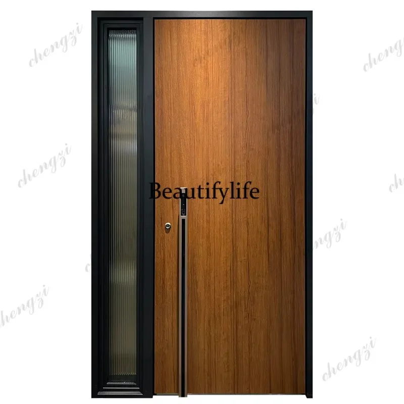 F181 Customization Swing Entry Front Exterior Security Stainless Steel Door Wooden Grain Glass With Aluminum For Houses