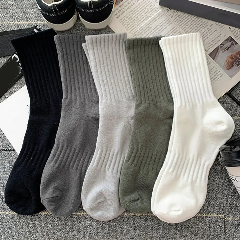 

1 Pair Men Black White Warm Socks Set Knitted Mid-tube Sweat Absorption Adult Autumn Winter Male Solid Color Sport Short Socks