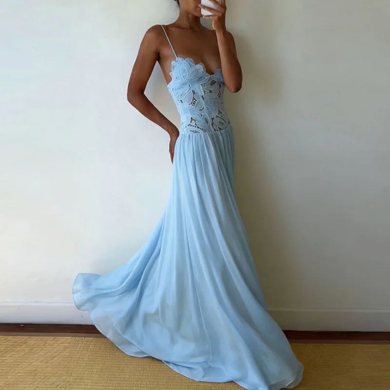 

Новое летнее шифоновое платье без рукавов на бретельках, повседневное пляжное платье с кружевными вставками, женское сексуальное вечернее платье с глубоким V-образным вырезом