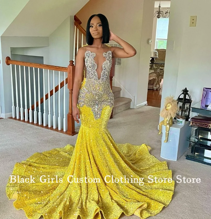 Sparkling Lemon Yellow Sexy Prom Dress Luxury Crystal Rhinestone Beaded Black Girls Celebrity Dresses Vestidos De Gala 2024