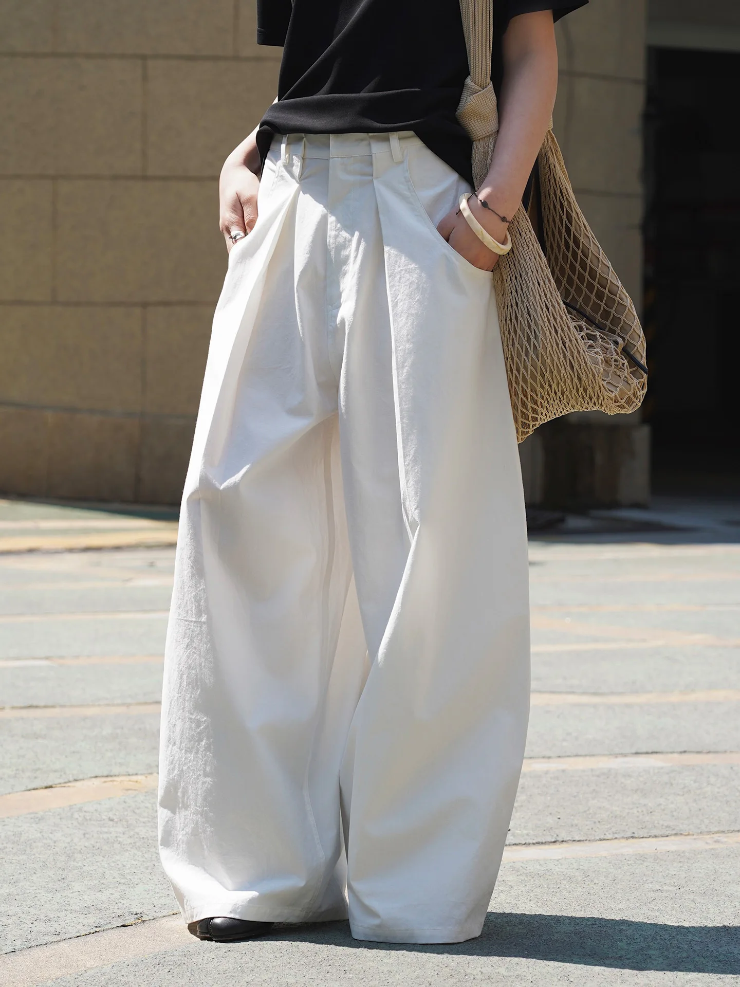 

High Waist Loose Fit Casual Pants Women's Spring Summer Commute OL Simple Trousers Arc Shape Pleated Straight Leg Pants