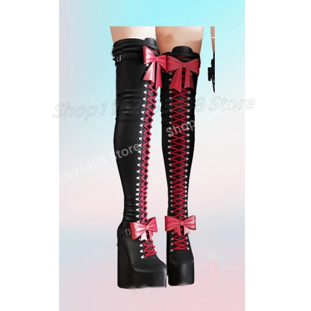 

Sweet Butterfly Knot Cross Tied Over the Knee Boots Wedges High Heel Belts Fashion Sexy Women Shoes 2025 New Zapatos Para Mujere