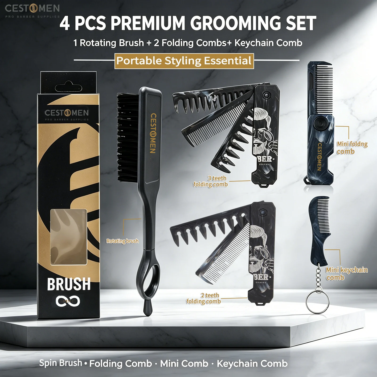 Men'S Grooming Tonic - 4Pcs Marble Pattern Hair Grooming Set