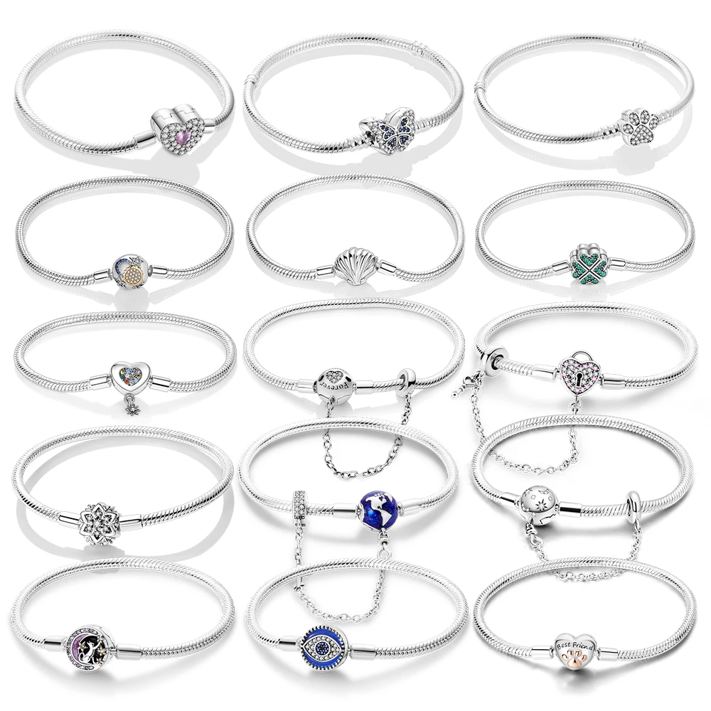 

925 Sterling Silver Bracelet Pulsera Bangles Butterfly Heart Snake Chain Original Bracelets Fit Charms DIY Jewelry For Women