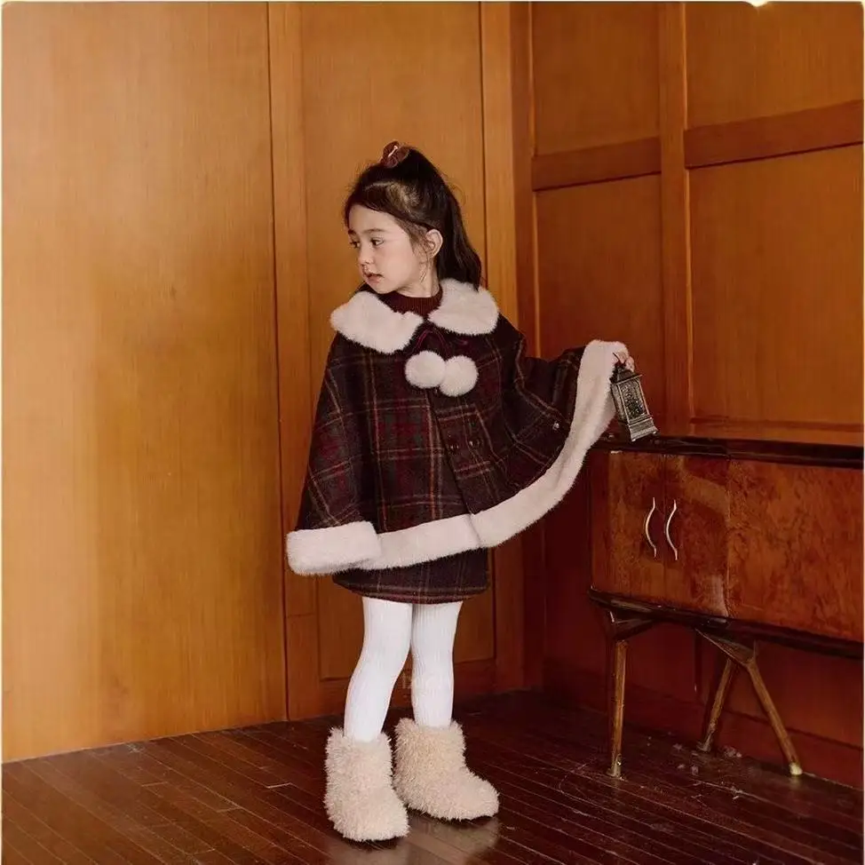 

Girls' Christmas and New Year Set Fleece-Lined Wool Cape With Pom-Pom Trim and Skirt 2026 Winter Collection New Arrival