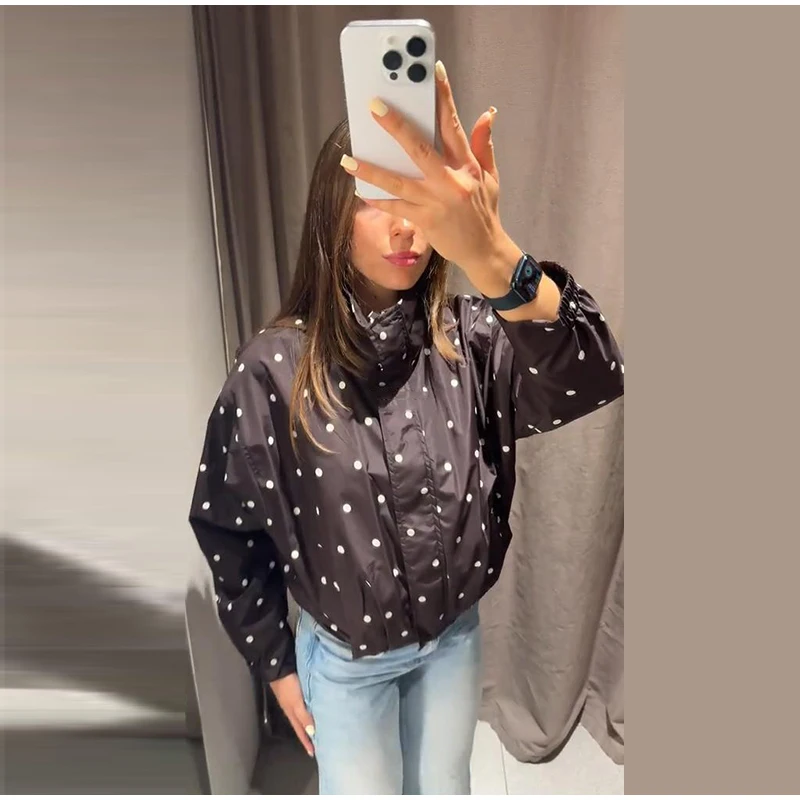 Damen Oversize-Mäntel mit Polka-Dot-Muster, Stehkragen, Langarm, Reißverschluss, Bomberjacken, Herbst, Damen, geraffte, lockere Jacke, neue Oberbekleidung – Detail 5