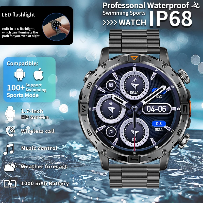 

LIGE New 1000mAh Large Battery Smart Watch Men Outdoor Compass LED Flashlight Bluetooth Call Waterproof Sport Fitness Smartwatch