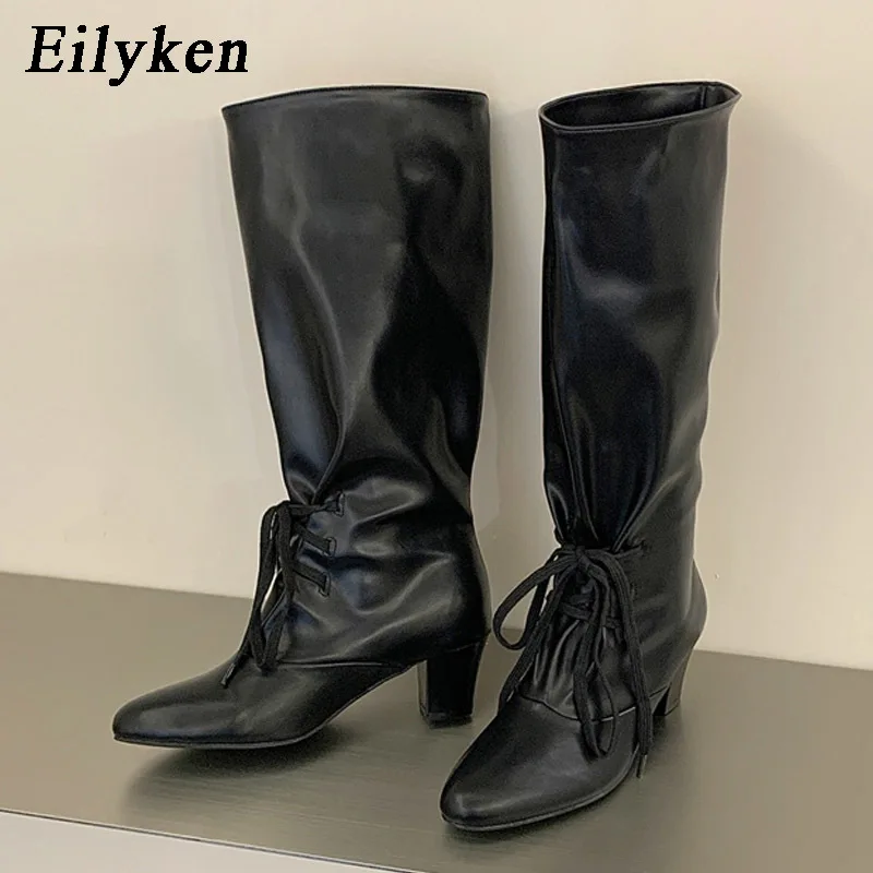 Eilyken Fashion Winter Knee-High Boots Woman Round Toe Square Heels Shoes Designer Lace-up Long Modern Ladies Booties