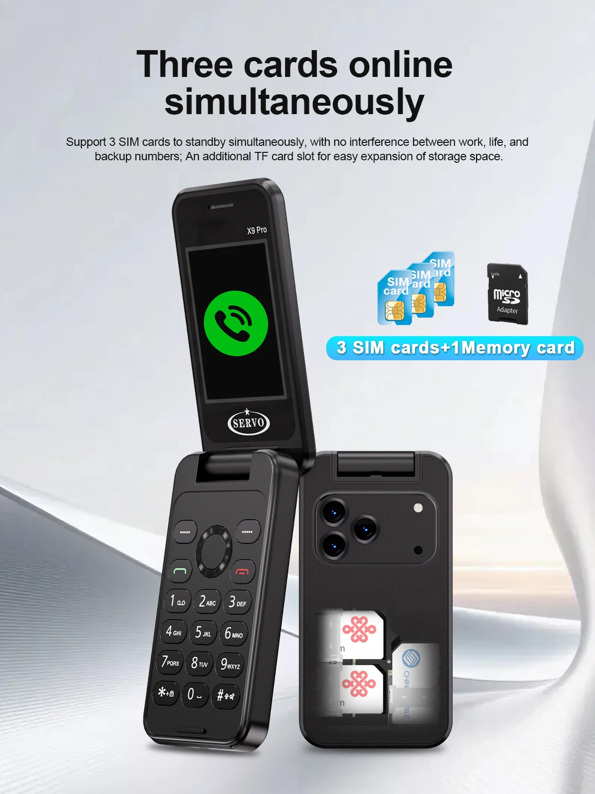 NEW SERVO X9 PRO Flip Mobile Phone 3 SIM Standby Blacklist Magic Voice Speed Dial MP4 Player FM Radio 2G GSM Foldable Cellphones