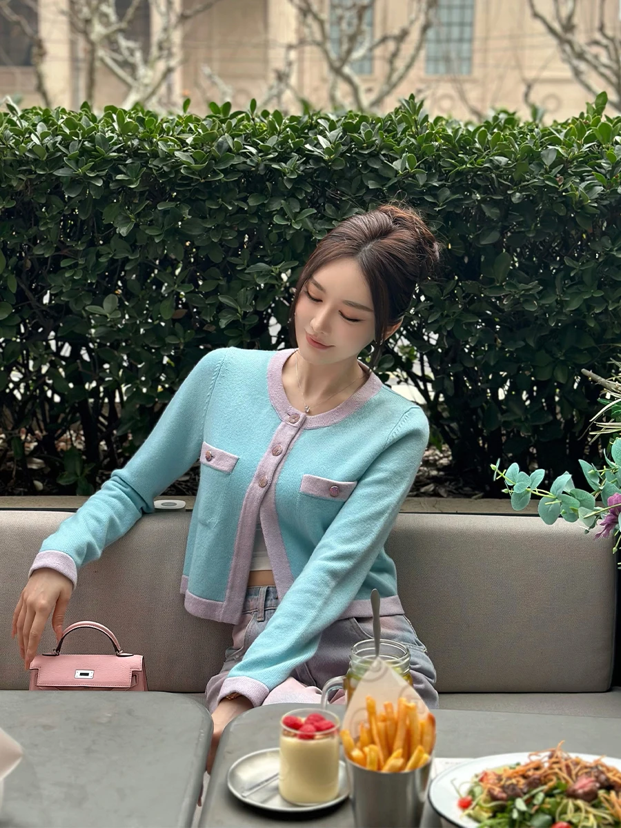 

Элегантный вязаный кардиган SX для женщин: укороченный топ с длинным рукавом, круглым вырезом, облегающий крой, в стиле колор-блок, модный повседневный стиль