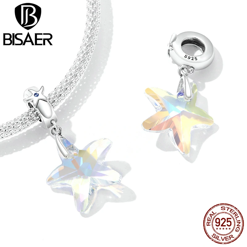 BISAER 925 Sterling Silver Charms Transparent Heart Starfish Shell Perfume Rose Pendant Fit Bracelet Necklace DIY Jewelry Gift