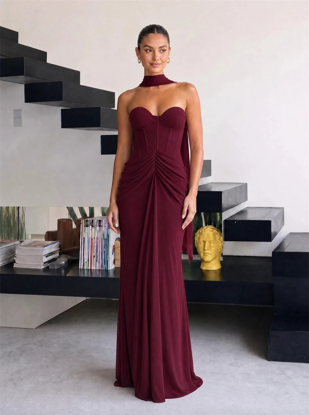 Vestido de Fiesta Personalizado Mila con Escote Corazón y Chal, Vestido de Noche Formal Sirena con Volantes, Largo hasta el Suelo