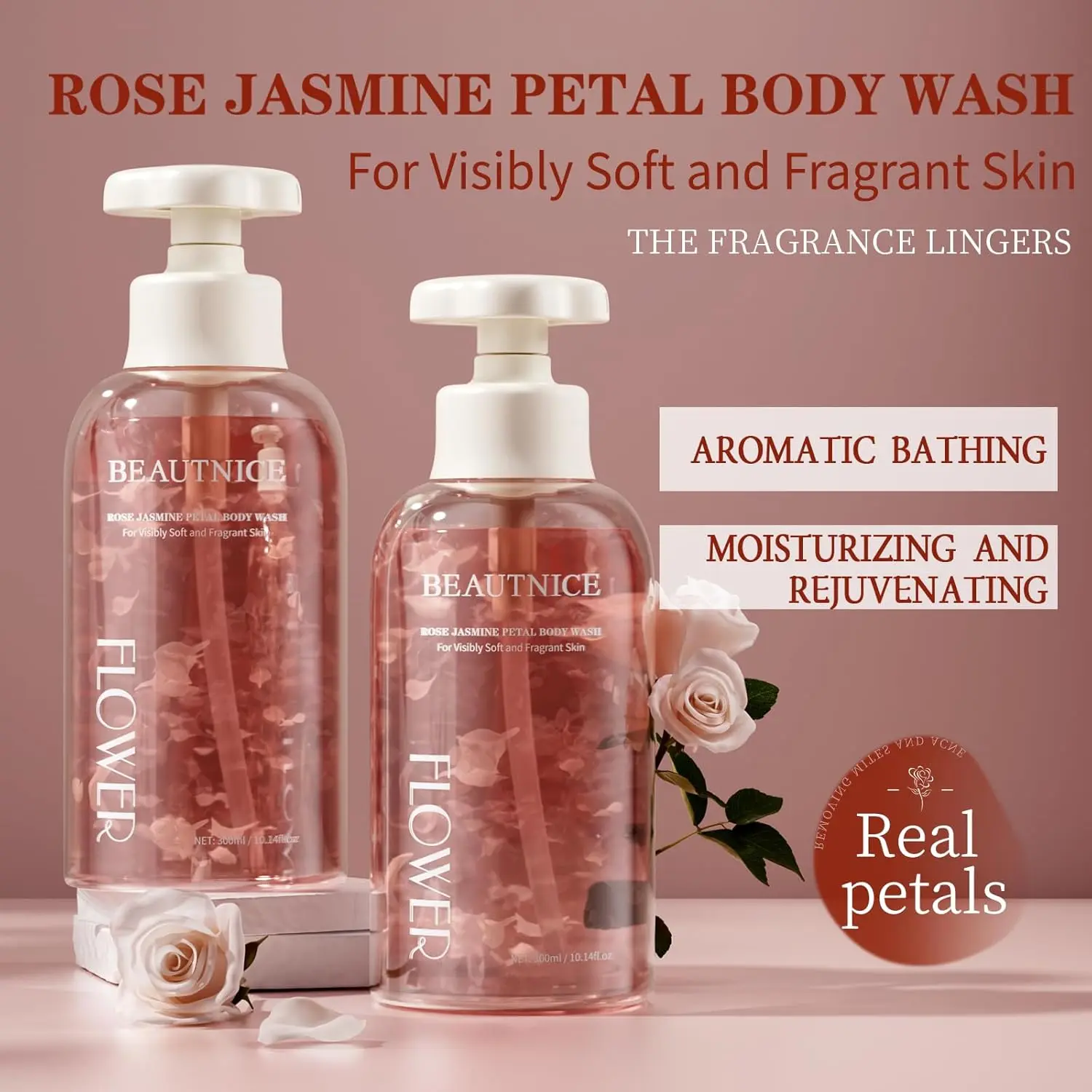 

Гель для душа с лепестками роз и жасмина, цветочный аромат для мягкой кожи, розовый, 10.14 жидких унций (300 мл) (1)