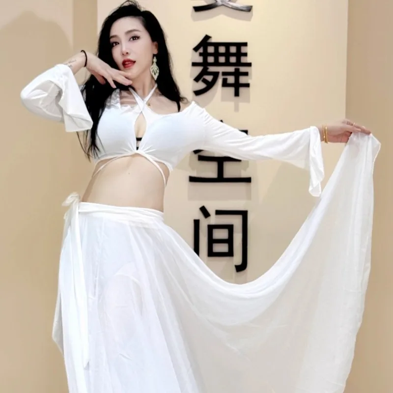 customized swegal Belly dance practice costume Oriental dance costumes 1300degree simulation silk tie large swing skirt beginner