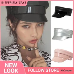 Punk Brand England Leather Flat Militray Hat Navy Hat for Women Female PU Black Flatoctagonal Caps Gorro Boinas