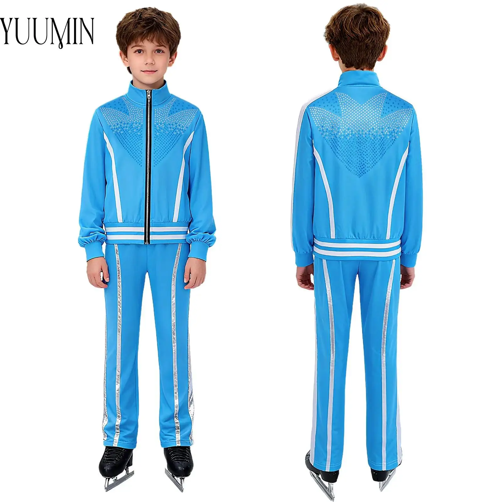2 pçs crianças meninos patinação artística prática desempenho traje manga longa brilhante strass zíper jaqueta + calças conjunto para patinação no gelo