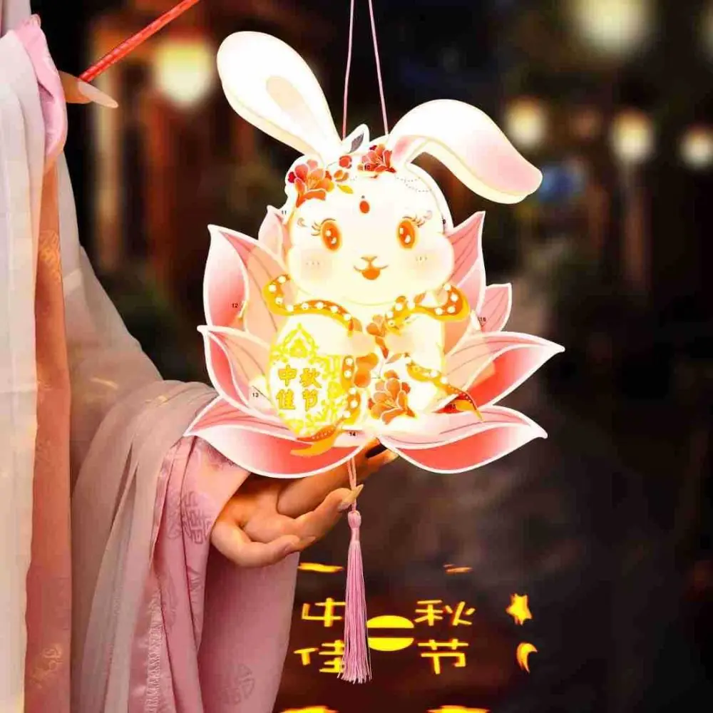 Handmade Mid-Autumn Festival Lantern DIY Papper Glowing Rabbit Lantern with LED Light Chinese Style Handheld Luminous Light