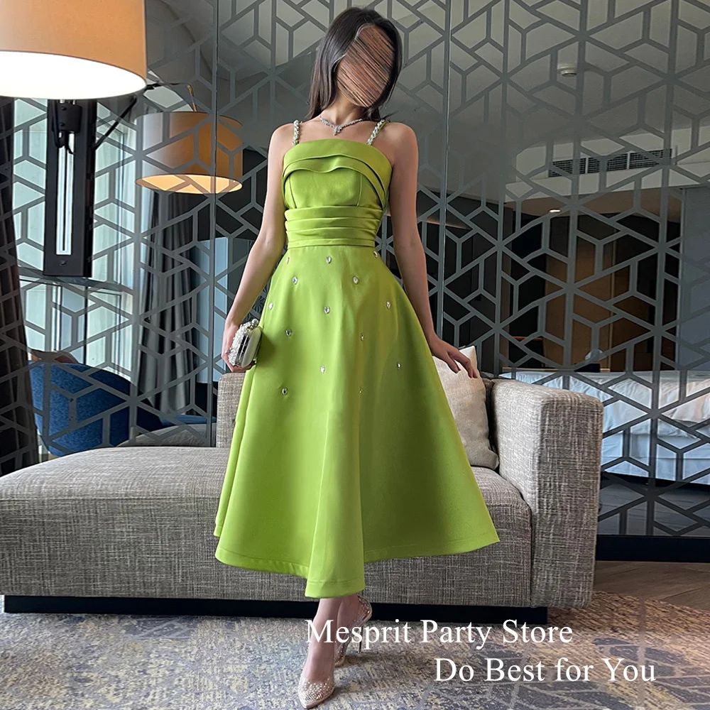 

Sexy Apple Green Cocktail Dress Spaghetti Straps Crystals Pleat A Line Satin Prom Gown Tea Length Satin Short Party Dresses