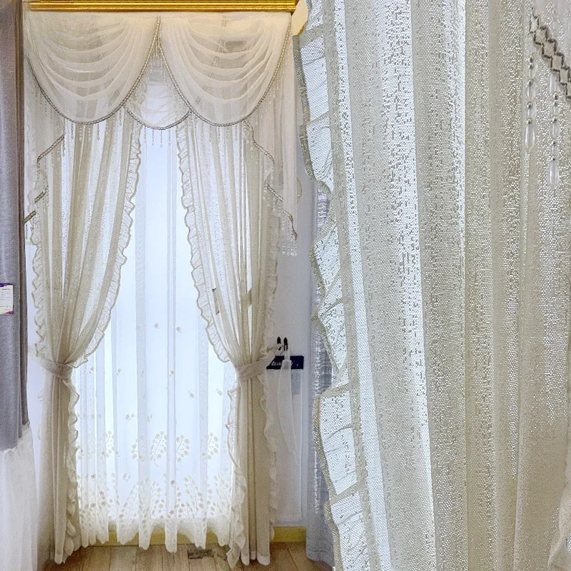 Pastoral Princess Style Beige Yarn Ruffle Lace Plate Embroidery Gold Silk Yarn Sticking Velvet Embroidery Window Screen