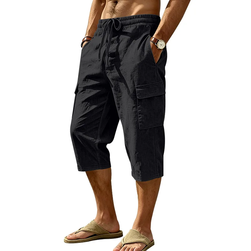 Europäische und amerikanische Sommer-Shorts aus Leinen für Herren, lässig, Outdoor, Arbeitskleidung, Pendler, Sport, Multi-Pocket, 7/8-Länge – Detail 14
