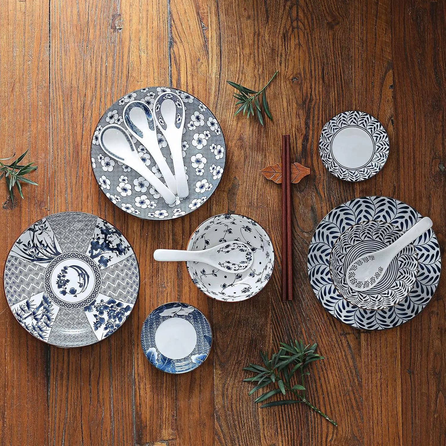 طقم أواني طعام بورسلين باللونين الأزرق والأبيض، أطباق، وعاء، ملعقة، عيدان تناول الطعام، خدمة لـ 1، طقم سيراميك مزجج ملون، صندوق هدايا P