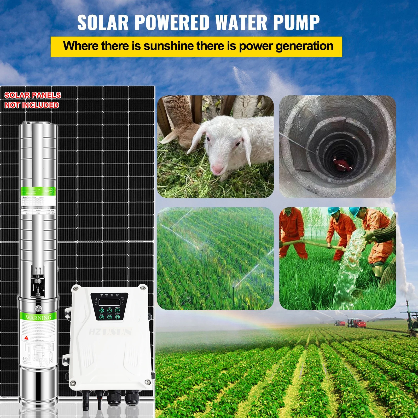 200 Ft Borehole BLDC Solar Motor Submersible Water Pressure Pump Kits for Agriculture Irrigation 1.5 HP Spray Pump Solar Cell