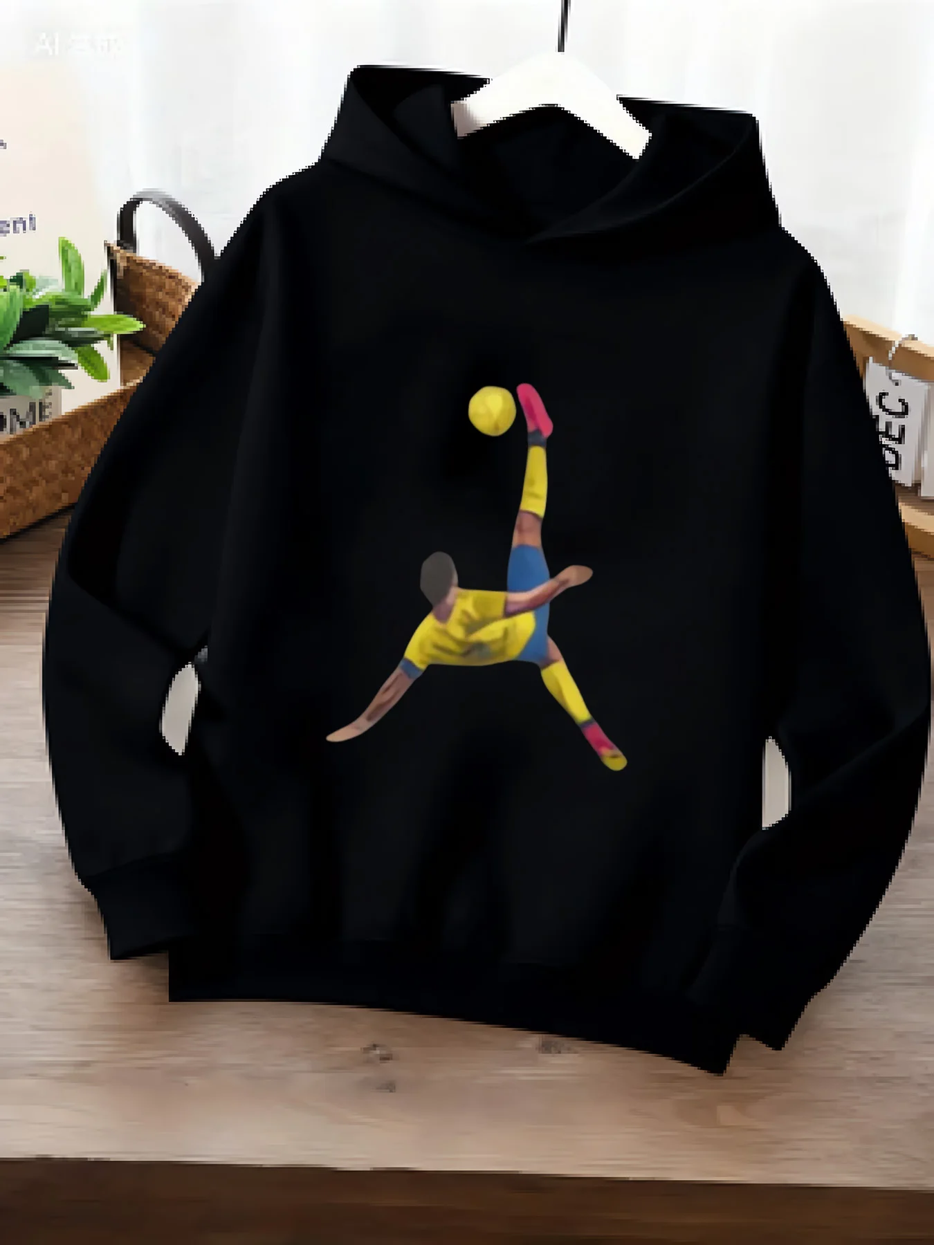 

Football Overhead Print Hooded Sweatshirt: Sports-Style Children's Pullover. Black Base, Trendy Children's Clothing.