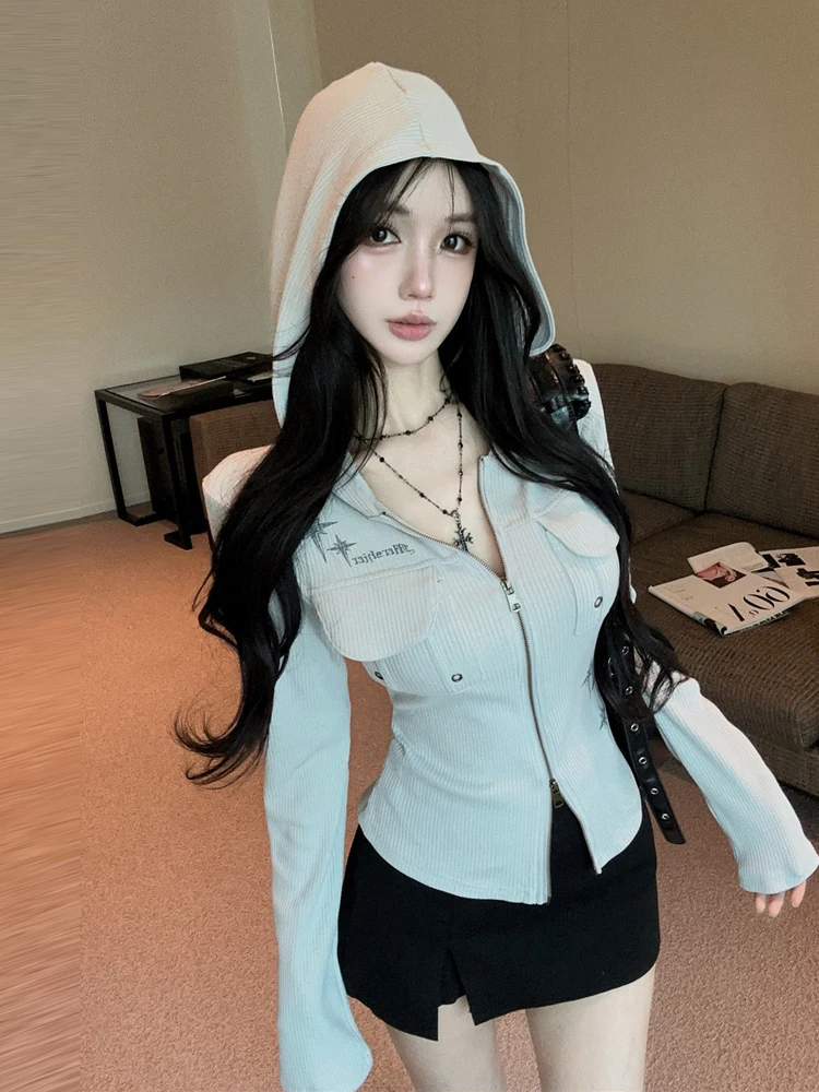 Sexy American Style Long Sleeve Hoodie T-Shirt Double Zipper Versatile Slimming Short Outerwear Top for Women Trendy Autumn Wear