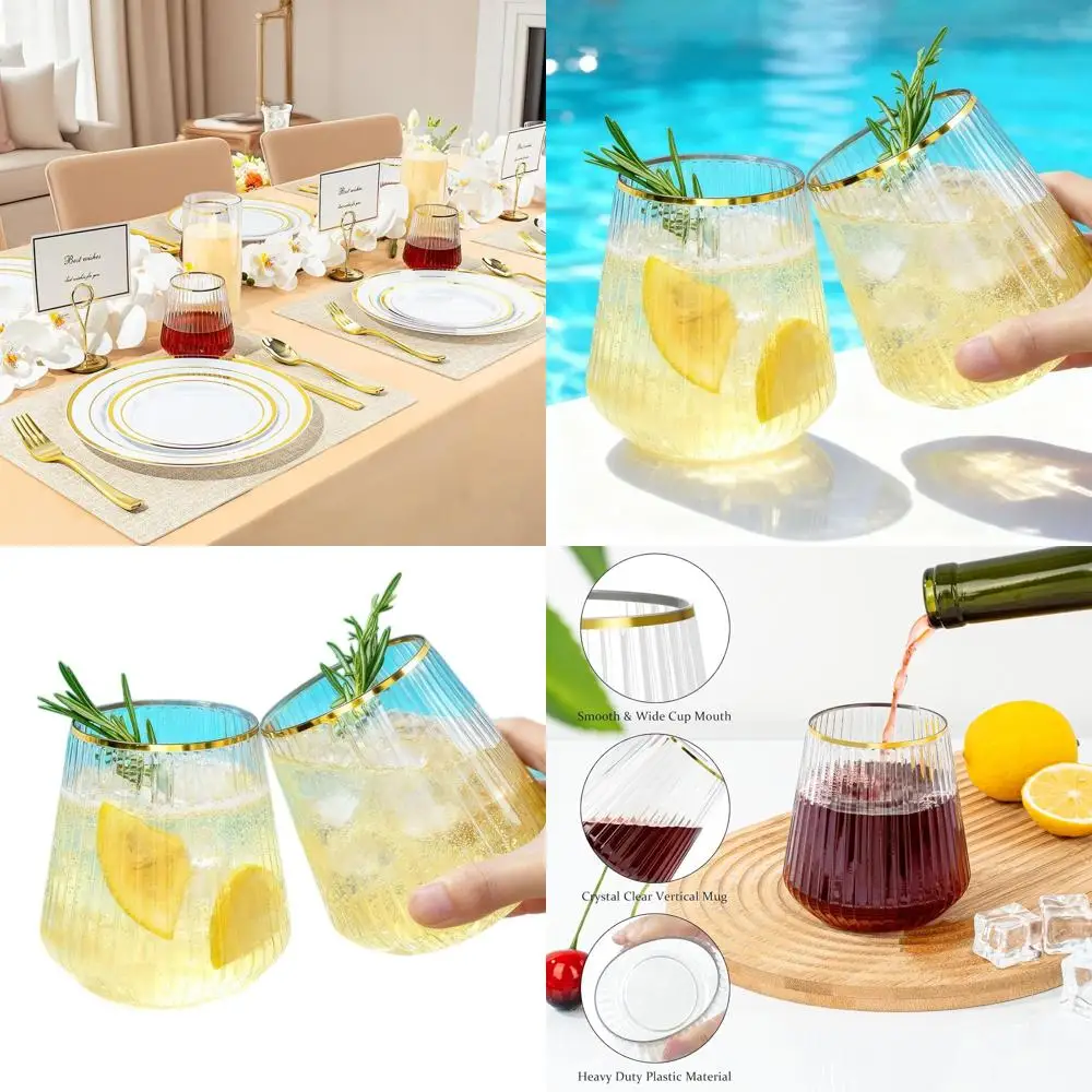 

Set of 72 Clear Plastic Wine Glasses with Gold Rims - Disposable, Ideal for Events and Everyday Use