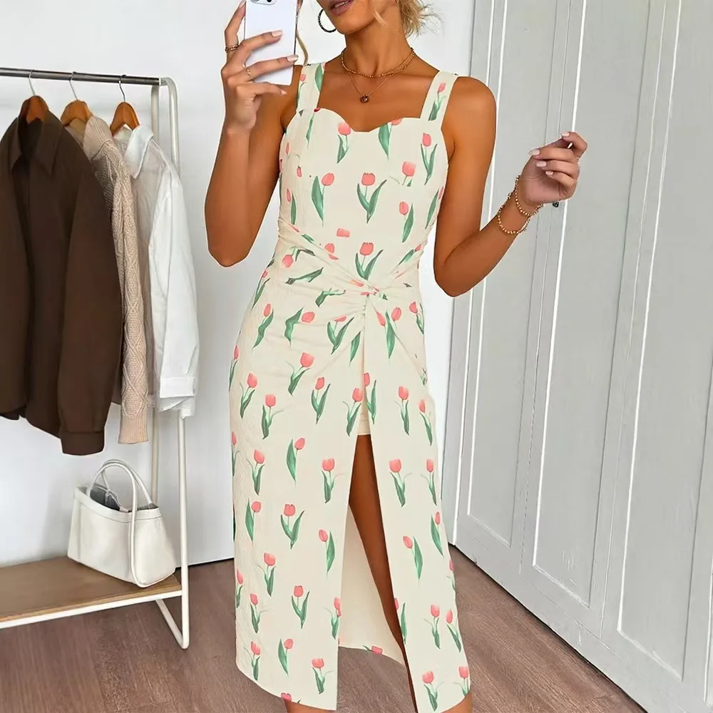 Fashionable Floral Print Crop Dress Sexy High Waist Slit Design Strapless Midi Skirt Short Length High Waist A-Line Skirt