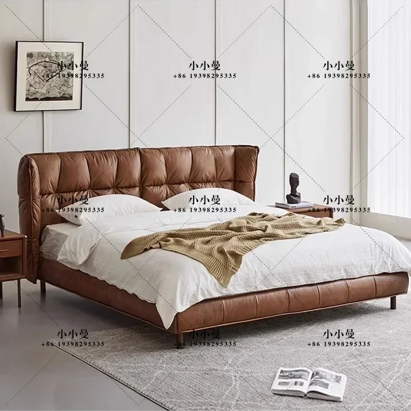 Medieval style oil wax leather muscle bed modern retro designer master bedroom 1.8 meters pull point leather double bed