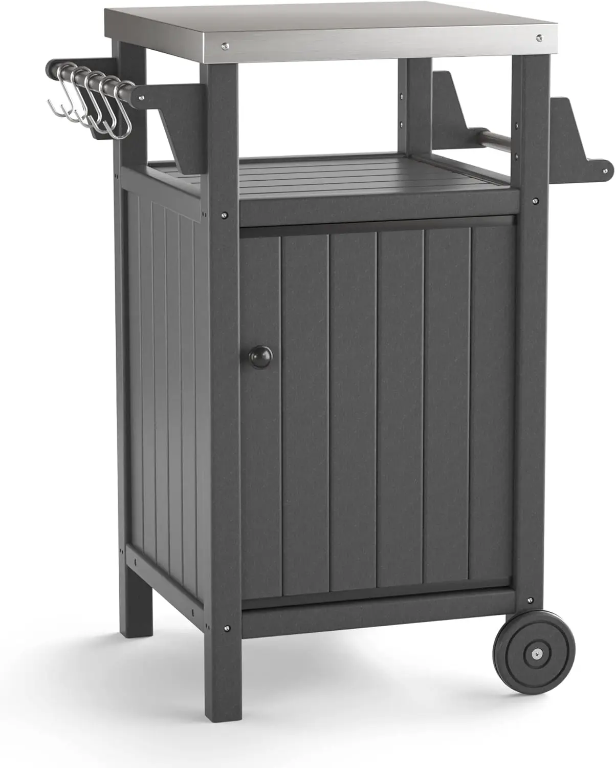 Movable Portable Outdoor Table, Stainless Steel Patio Kitchen Island, Storage Cabinet with Wheels and Side Shel