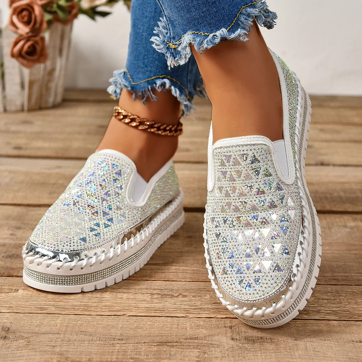 حجم كبير 45 امرأة منصة المتسكعون موضة الراين جولة تو كعوب منخفضة حذا فردي للسيدات الربيع/الخريف مريحة حذاء رياضة مسطح