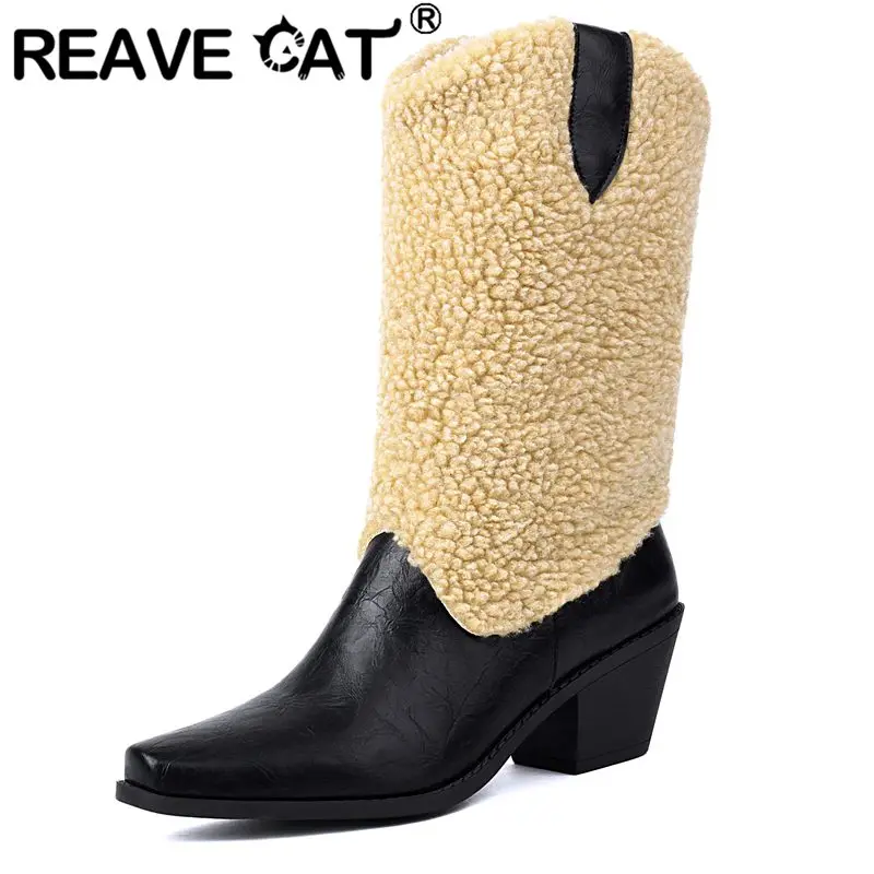 

ORCHA LISA Female Mujer Fashion shoes Casual Female Women Mid Calf Boots Round Toe 6cm Block Heel Slip On Mixed Color Size 46-47