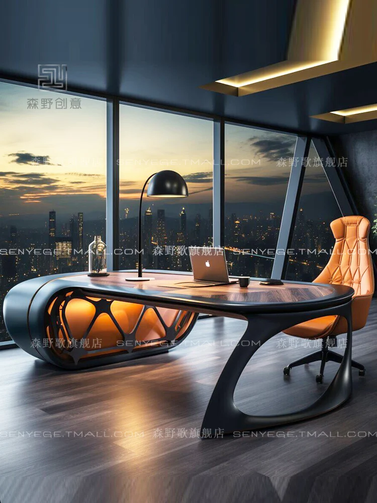 

Science and technology sense boss desk black L-shaped desk Modern creative boss big class desk curved creative desk