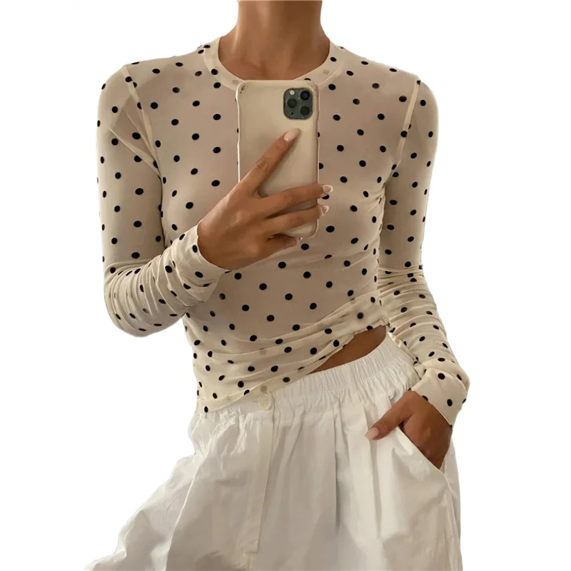 

Intuitive Women's Round Neck Polka Dot Perspective Mesh Slim Fit Long Sleeve Shirt