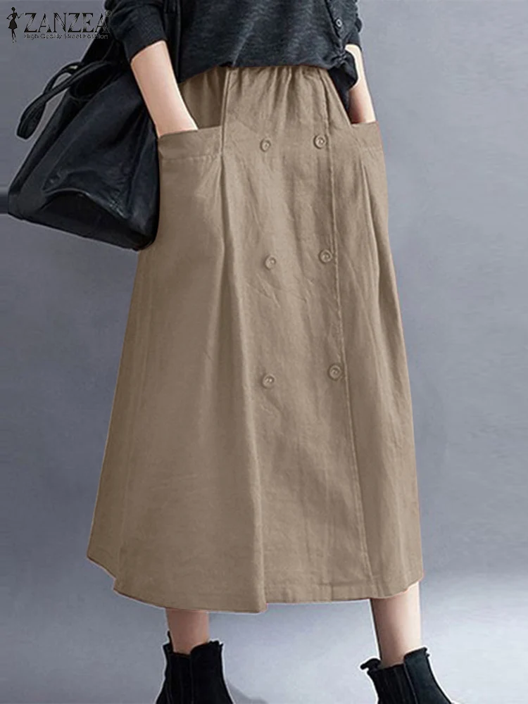 

ZANZEA Vintage Solid Skirts Casual A-line Sundress Women High Elastic Waist Skirt Party Jupe Faldas Saia Button Vestido Oversize